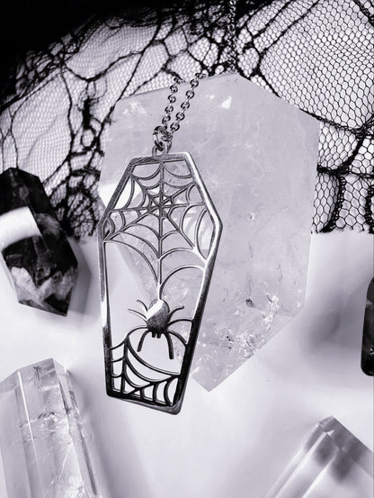 Stainless Steel Spider Web Coffin Necklace