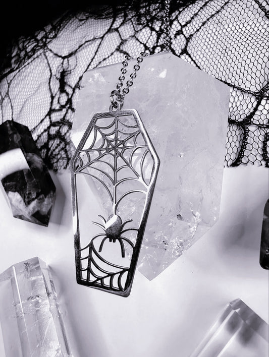 Stainless Steel Spider Web Coffin Necklace