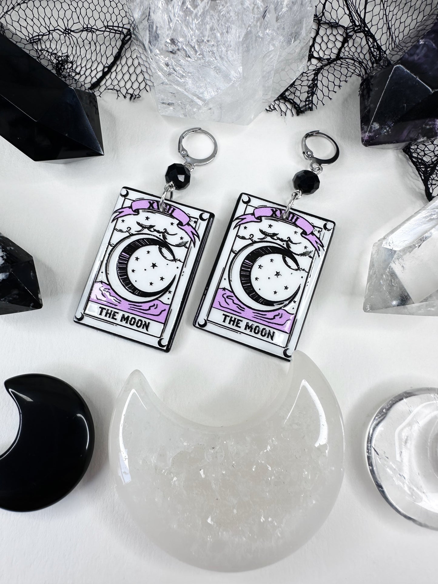 White Witch The Moon Tarot Card Hoop Earrings