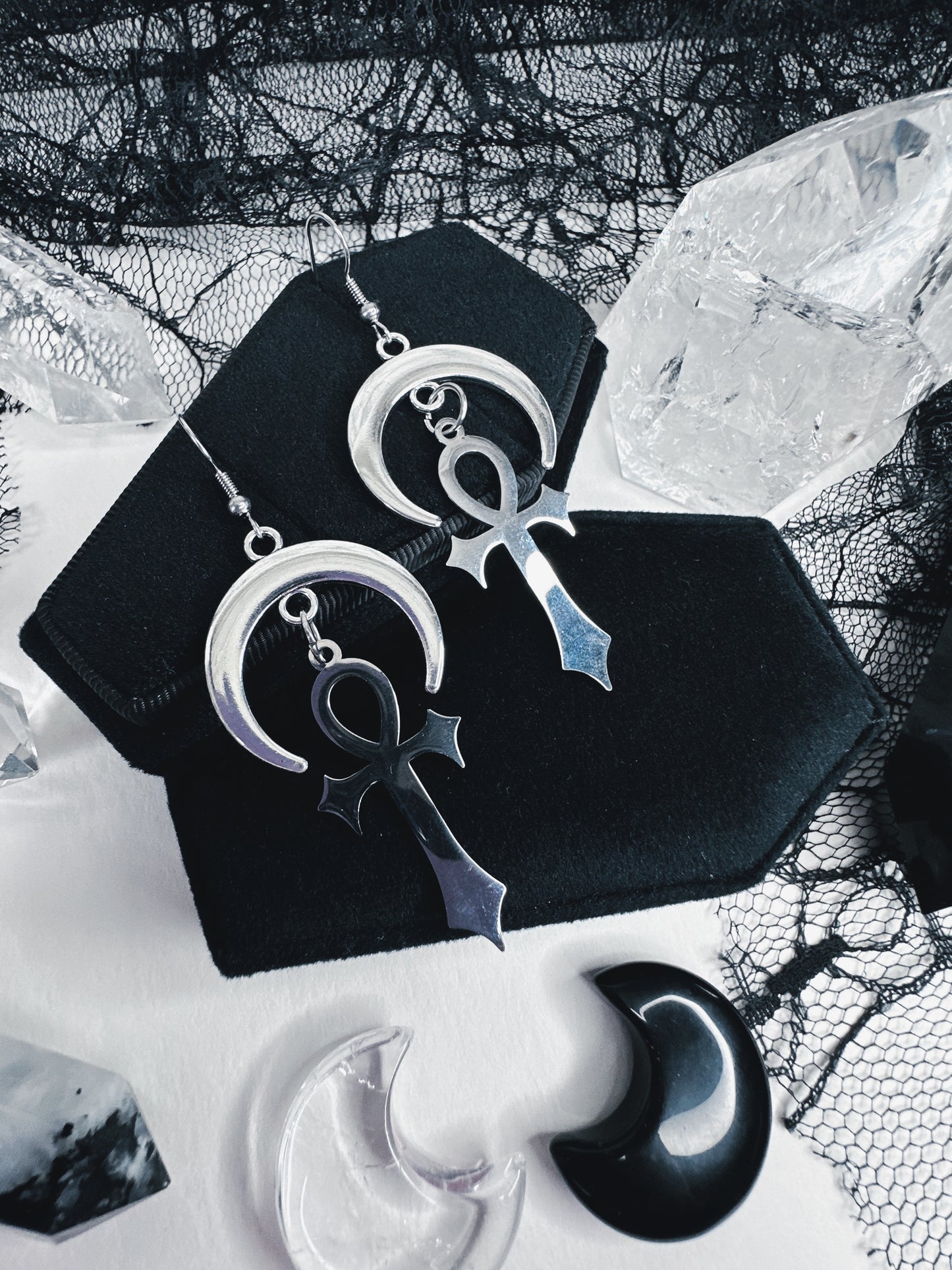 Stainless Steel Moonlit Ankh Earrings