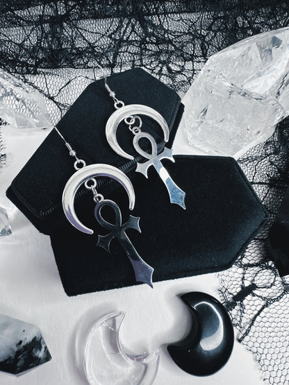Stainless Steel Moonlit Ankh Earrings
