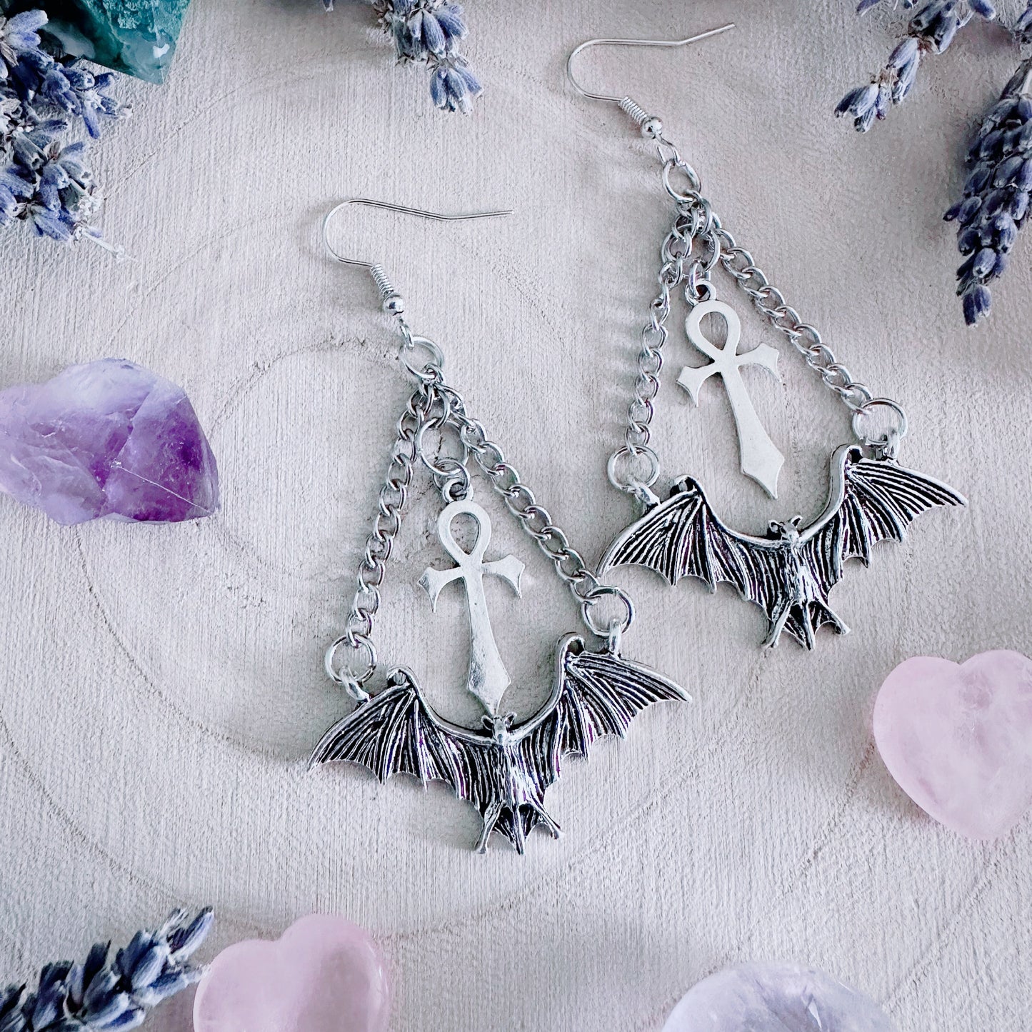 Eternal Flight Bat & Ankh Earrings
