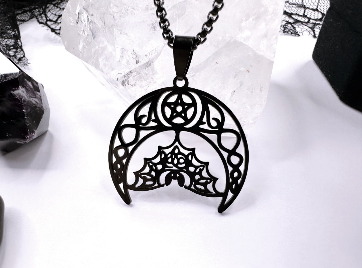 Stainless Steel Noir Bat Moon Necklace
