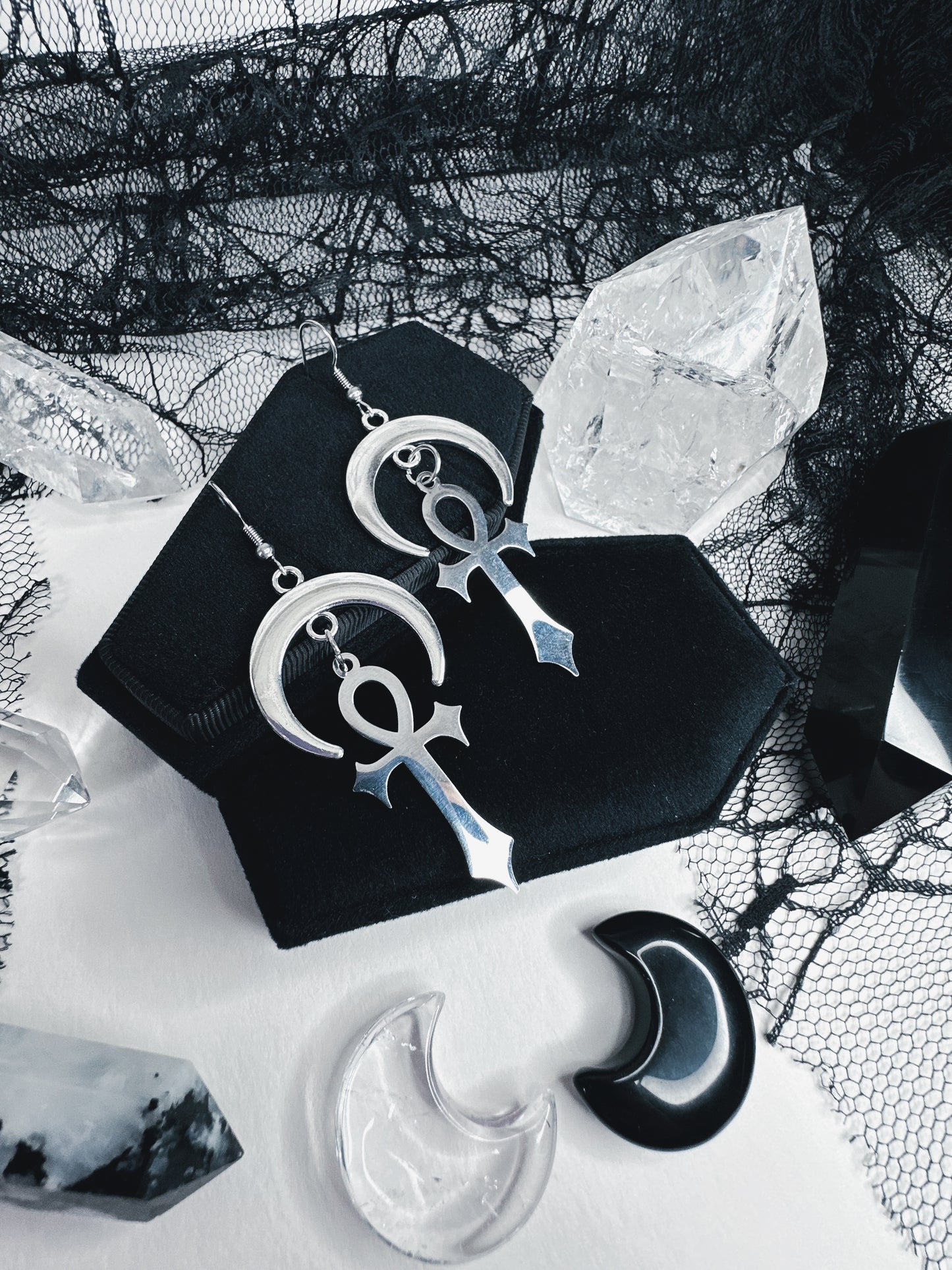 Stainless Steel Moonlit Ankh Earrings