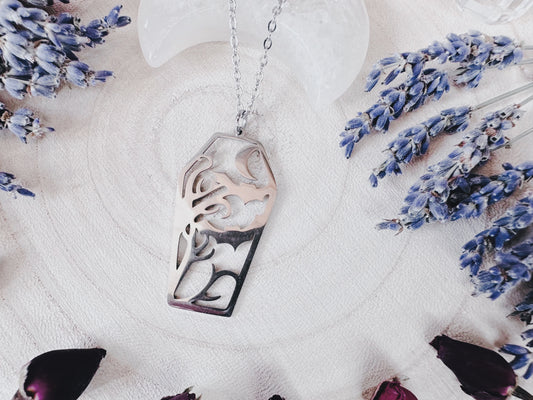 Stainless Steel Bat & Moon Coffin Necklace