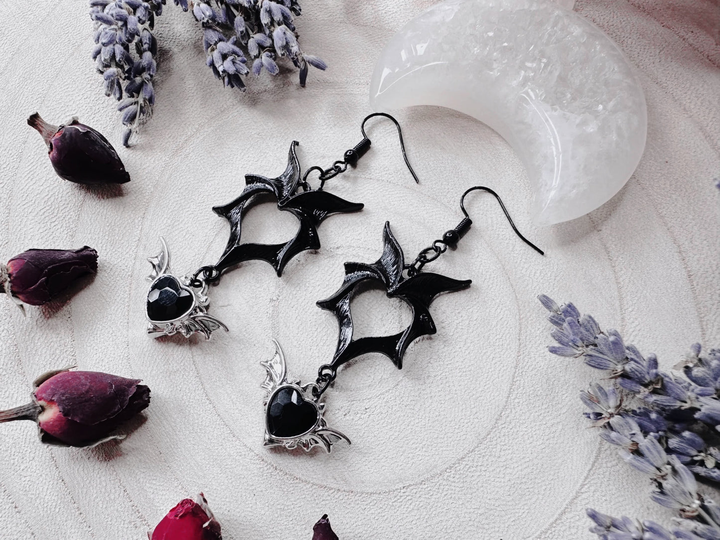 Black Heart Bat Wing Earrings