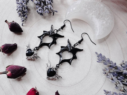 Black Heart Bat Wing Earrings