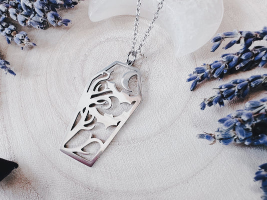 Stainless Steel Bat & Moon Coffin Necklace