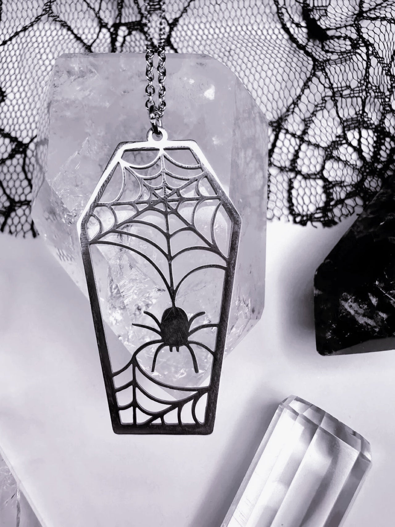 Stainless Steel Spider Web Coffin Necklace