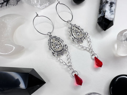 Spider Web Blood Droplet Hoop Earrings