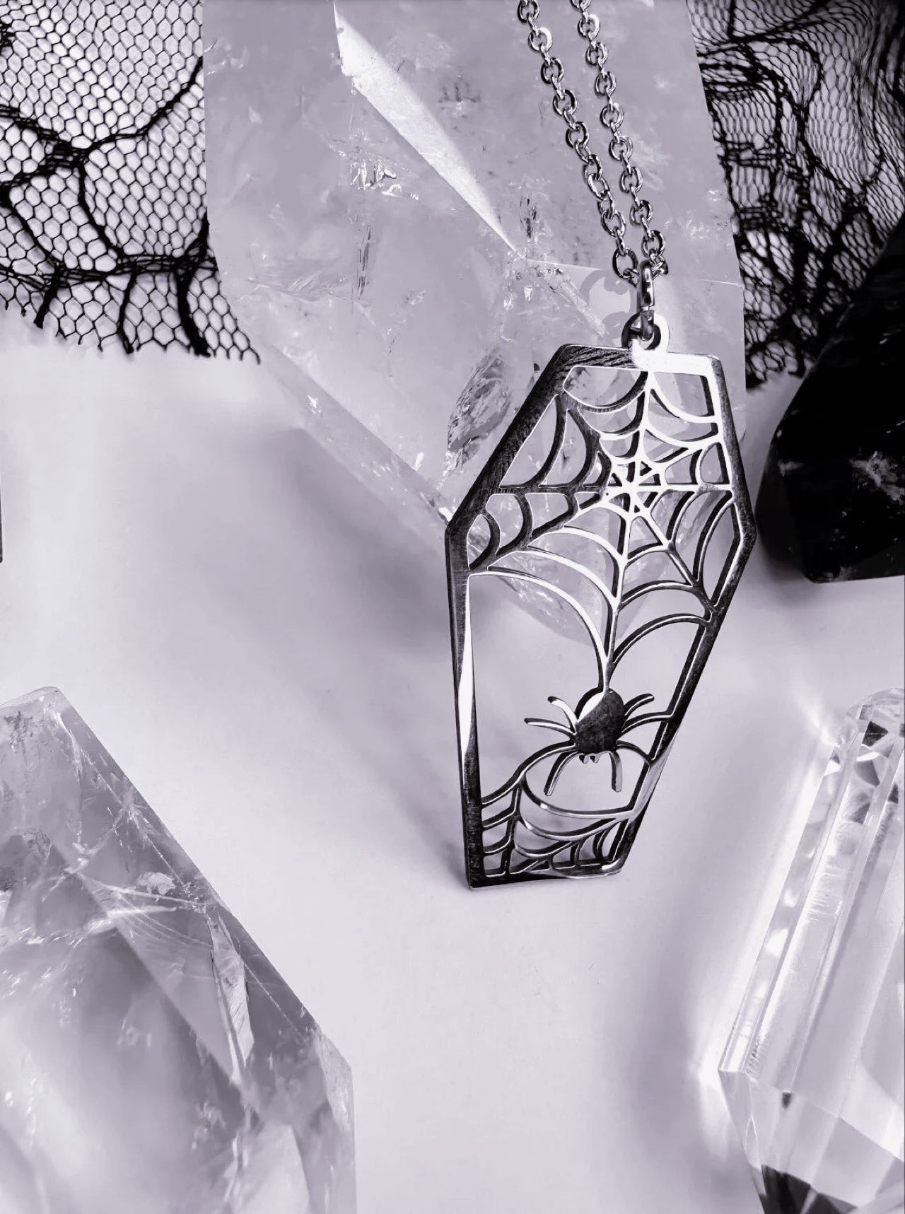 Stainless Steel Spider Web Coffin Necklace