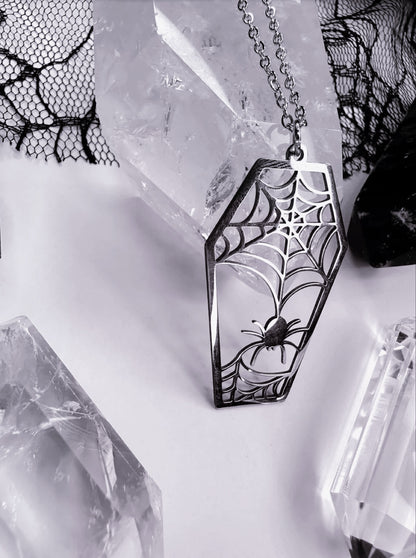 Stainless Steel Spider Web Coffin Necklace