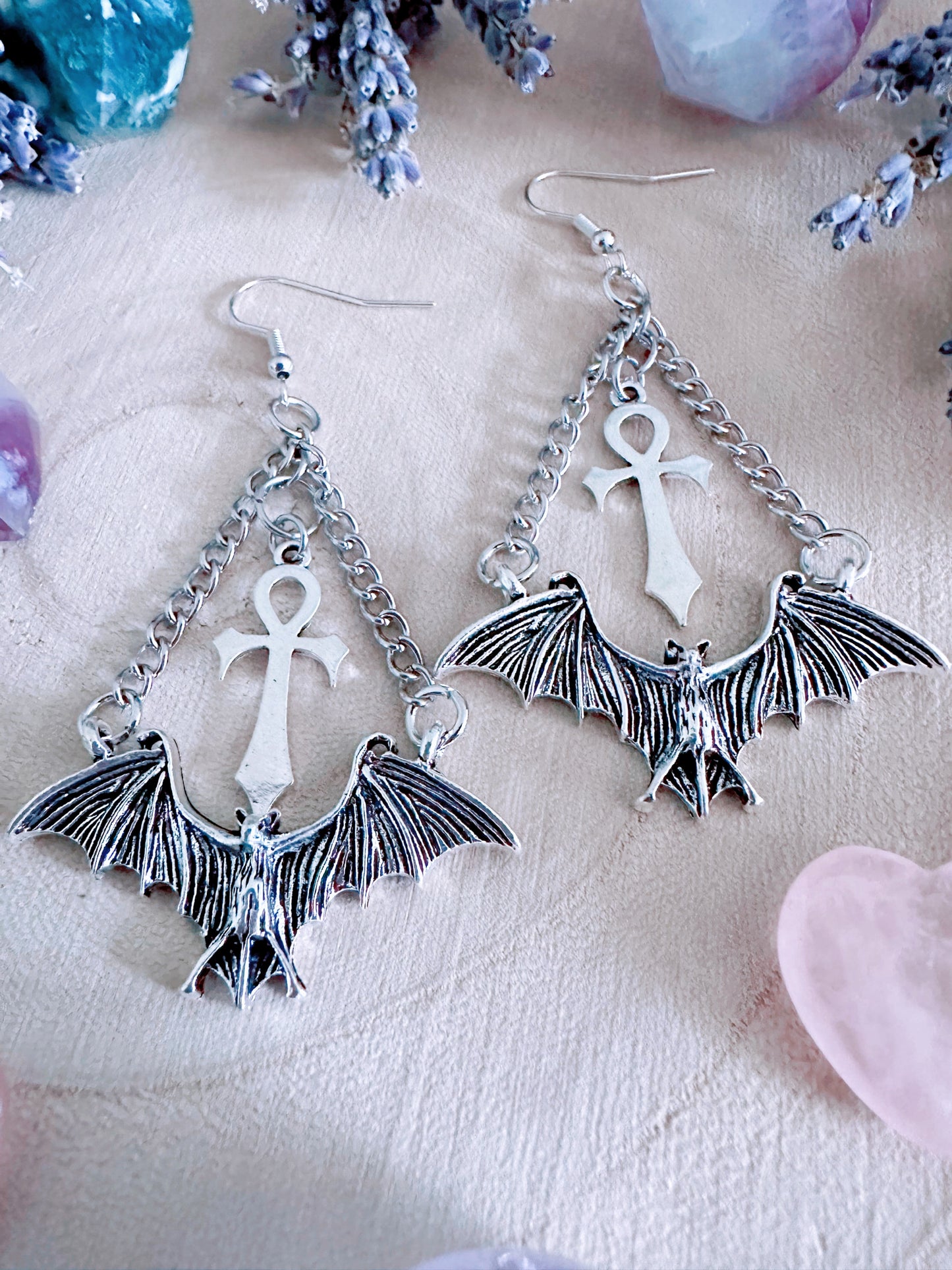 Eternal Flight Bat & Ankh Earrings