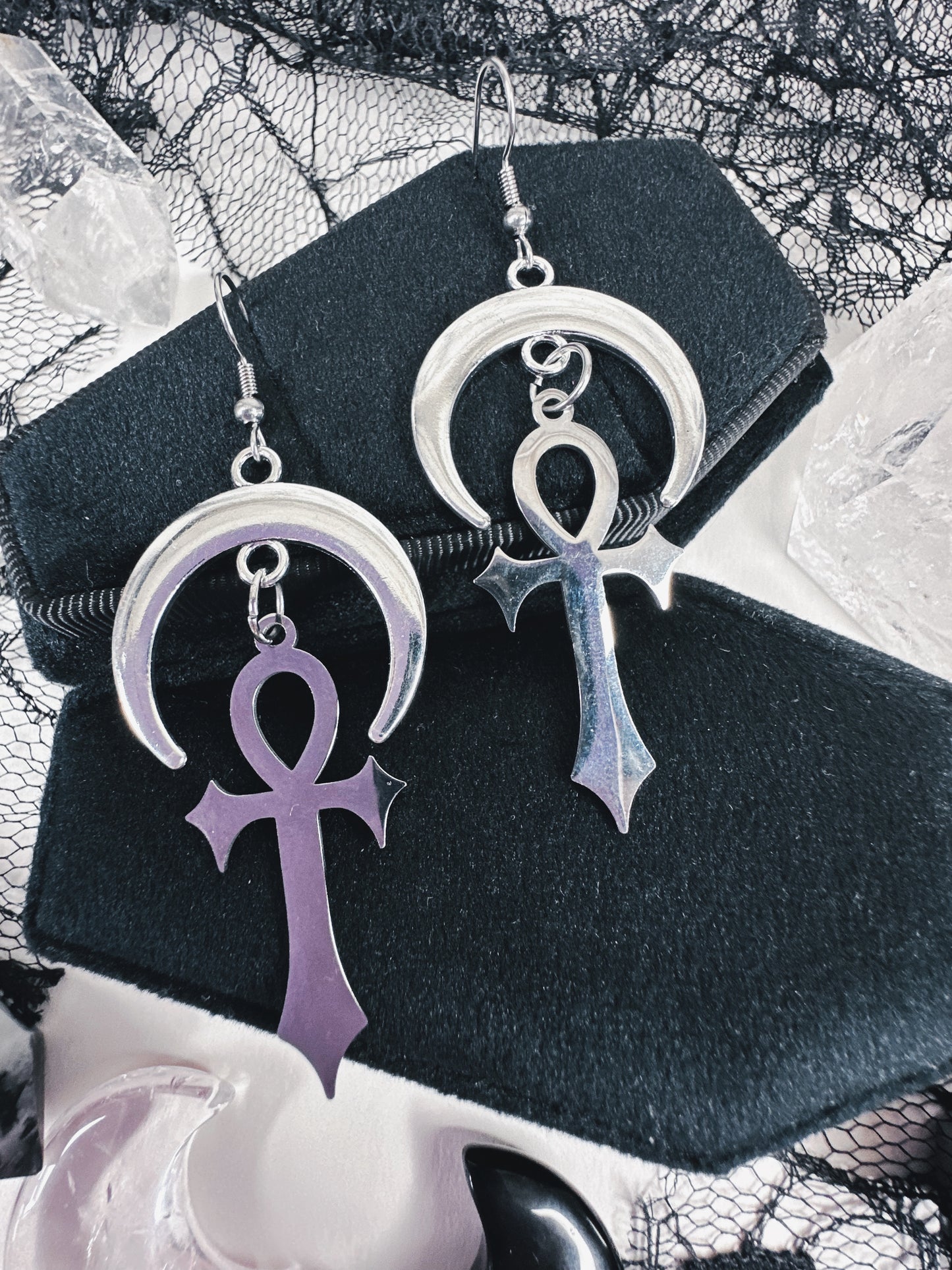 Stainless Steel Moonlit Ankh Earrings