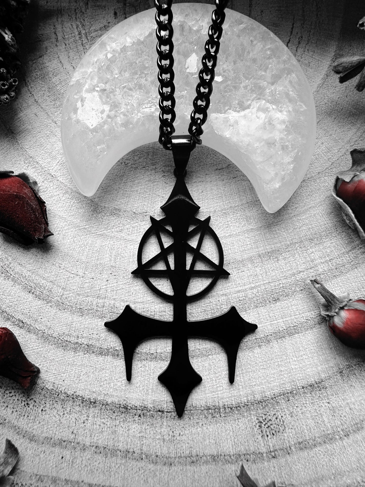 Stainless Steel Black Inverted Cross & Pentagram Necklace