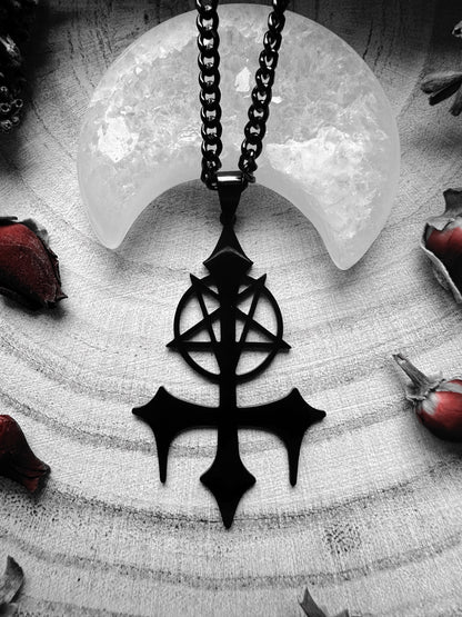 Stainless Steel Black Inverted Cross & Pentagram Necklace