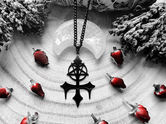 Stainless Steel Black Inverted Cross & Pentagram Necklace