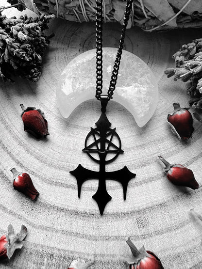 Stainless Steel Black Inverted Cross & Pentagram Necklace