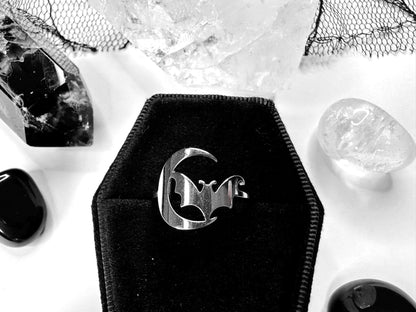 Stainless Steel Crescent Moon & Bat Ring