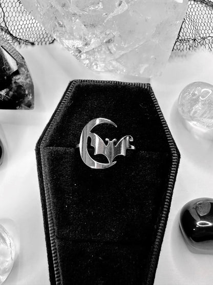 Stainless Steel Crescent Moon & Bat Ring