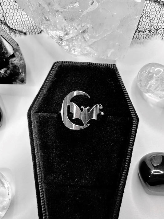 Stainless Steel Crescent Moon & Bat Ring