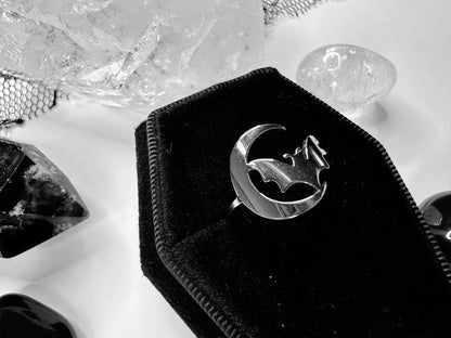 Stainless Steel Crescent Moon & Bat Ring