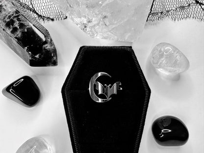 Stainless Steel Crescent Moon & Bat Ring