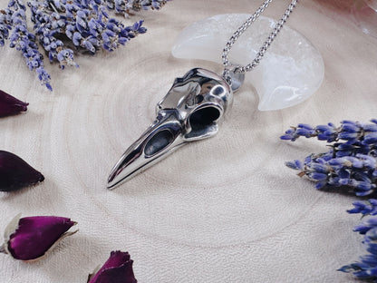 Stainless Steel Nevermore Raven Skull Necklace