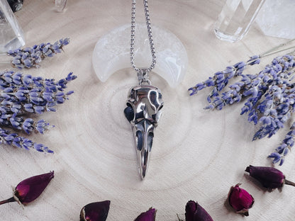 Stainless Steel Nevermore Raven Skull Necklace